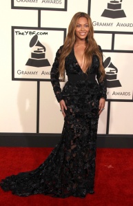 Beyonce at the 2015 Grammy's red carpet wearing a Tom Ford dress.